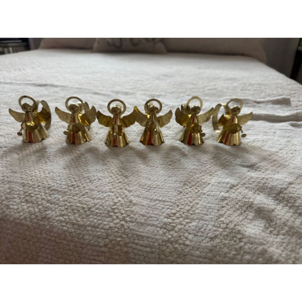 Vintage Christmas Brass Angel with Horn Napkin Holders, set of 6.